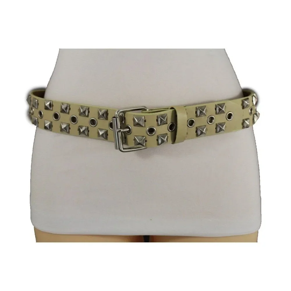 New Women Men Fashion Belt Beige Faux Leather Silver Metal Studs Size S M L XL - Picture 17 of 17